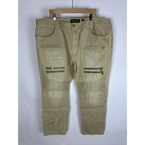 M1741 MAKOBI SANDED BIKER JEANS WITH RIP & REPAIR STITCHES - WHEAT MENS SIZE 44